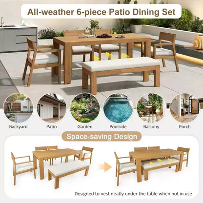 Set da pranzo da giardino Polibi a 6 posti in acacia con tavolo con foro per ombrellone, panca imbottita e 4 poltrone