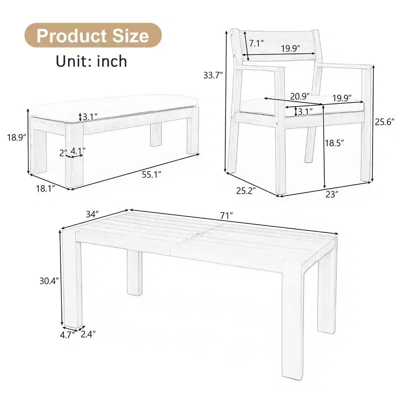 Set da pranzo da giardino Polibi a 6 posti in acacia con tavolo con foro per ombrellone, panca imbottita e 4 poltrone
