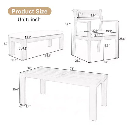 Set da pranzo da giardino Polibi a 6 posti in acacia con tavolo con foro per ombrellone, panca imbottita e 4 poltrone