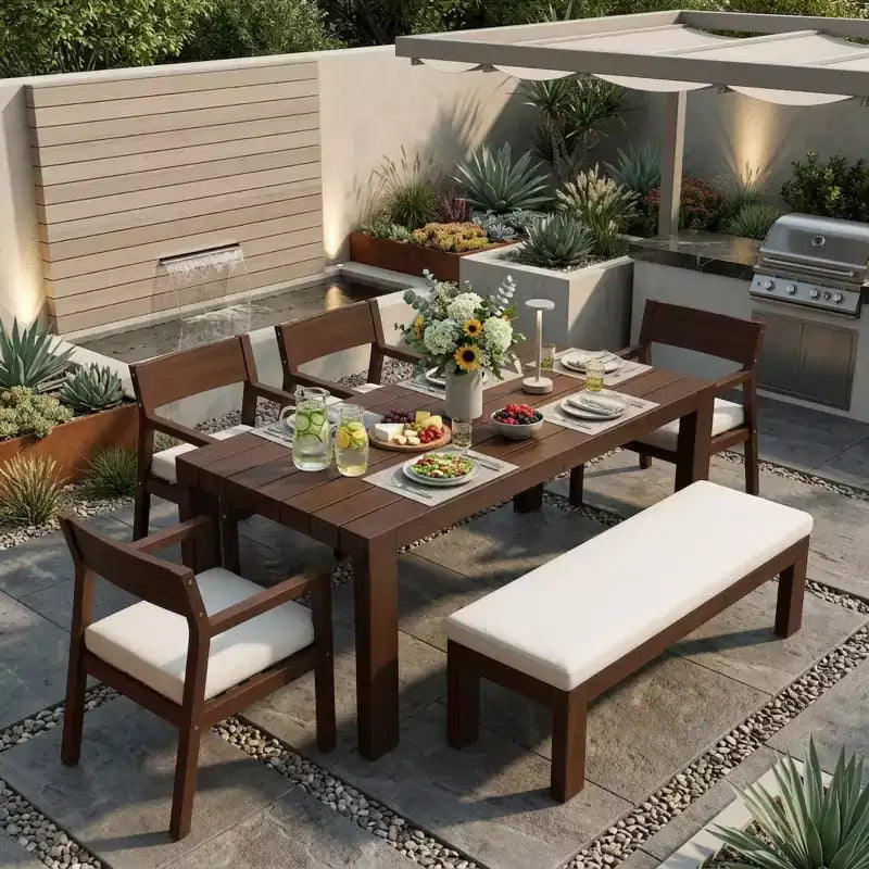 Set da pranzo da giardino Polibi a 6 posti in acacia con tavolo con foro per ombrellone, panca imbottita e 4 poltrone