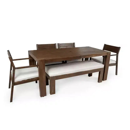 Set da pranzo da giardino Polibi a 6 posti in acacia con tavolo con foro per ombrellone, panca imbottita e 4 poltrone