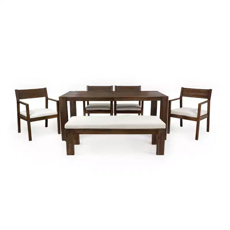 Set da pranzo da giardino Polibi a 6 posti in acacia con tavolo con foro per ombrellone, panca imbottita e 4 poltrone