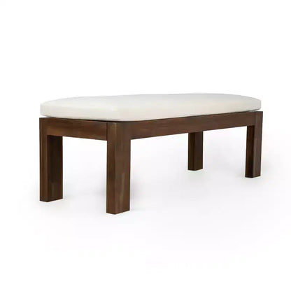 Set da pranzo da giardino Polibi a 6 posti in acacia con tavolo con foro per ombrellone, panca imbottita e 4 poltrone