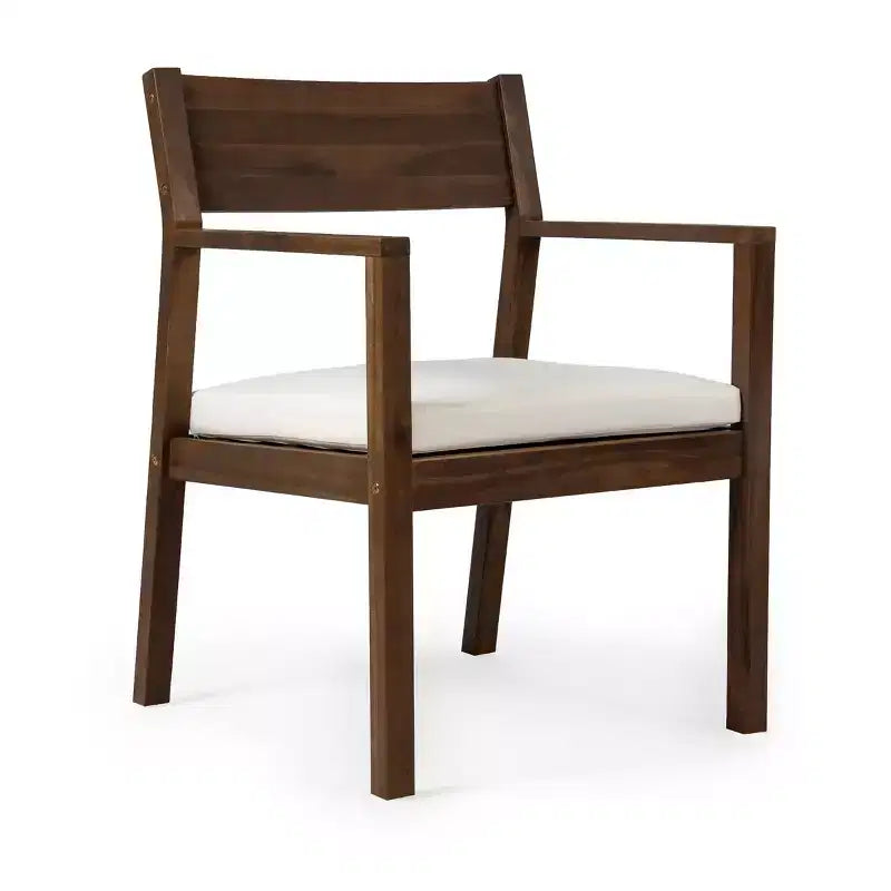 Set da pranzo da giardino Polibi a 6 posti in acacia con tavolo con foro per ombrellone, panca imbottita e 4 poltrone