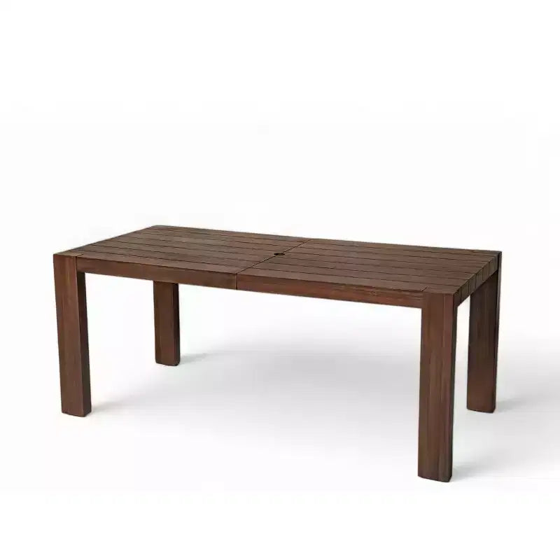 Set da pranzo da giardino Polibi a 6 posti in acacia con tavolo con foro per ombrellone, panca imbottita e 4 poltrone