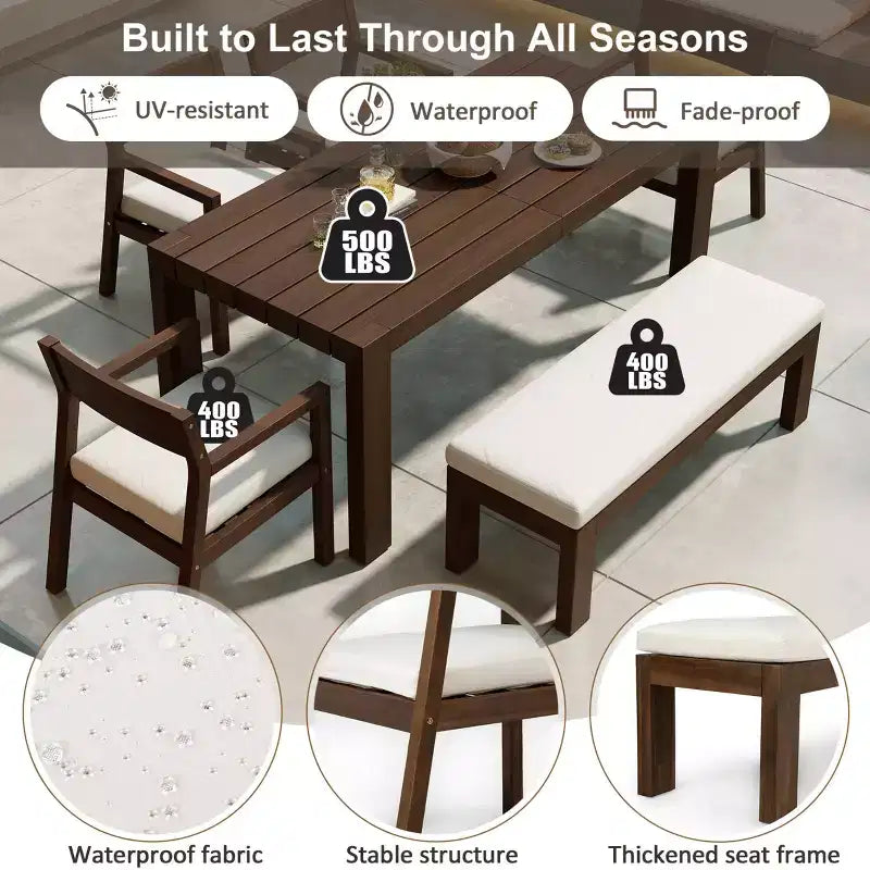 Set da pranzo da giardino Polibi a 6 posti in acacia con tavolo con foro per ombrellone, panca imbottita e 4 poltrone