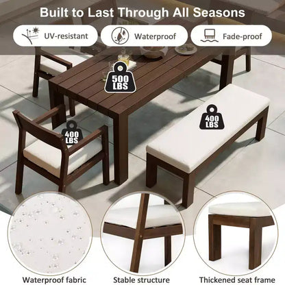 Set da pranzo da giardino Polibi a 6 posti in acacia con tavolo con foro per ombrellone, panca imbottita e 4 poltrone
