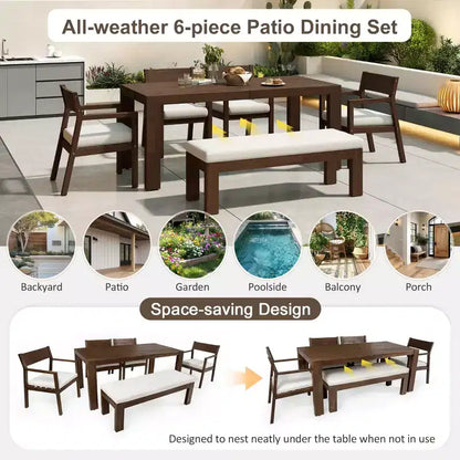 Set da pranzo da giardino Polibi a 6 posti in acacia con tavolo con foro per ombrellone, panca imbottita e 4 poltrone