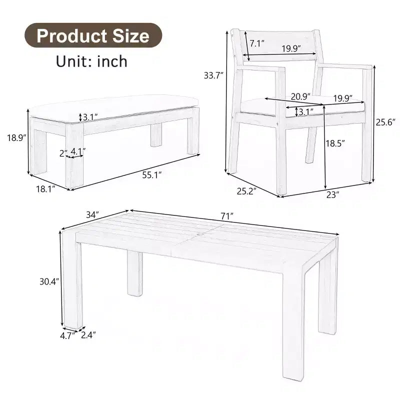 Set da pranzo da giardino Polibi a 6 posti in acacia con tavolo con foro per ombrellone, panca imbottita e 4 poltrone