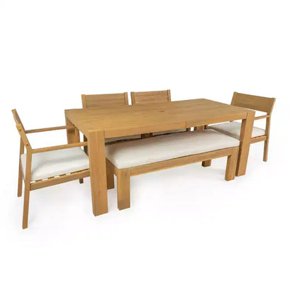 Set da pranzo da giardino Polibi a 6 posti in acacia con tavolo con foro per ombrellone, panca imbottita e 4 poltrone