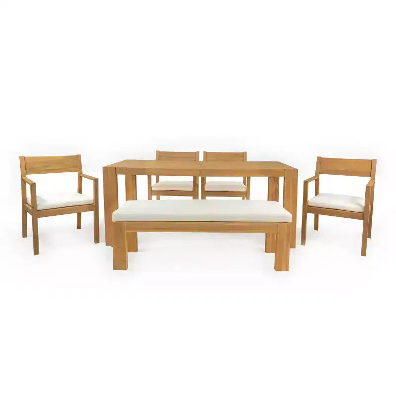 Set da pranzo da giardino Polibi a 6 posti in acacia con tavolo con foro per ombrellone, panca imbottita e 4 poltrone