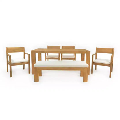 Set da pranzo da giardino Polibi a 6 posti in acacia con tavolo con foro per ombrellone, panca imbottita e 4 poltrone
