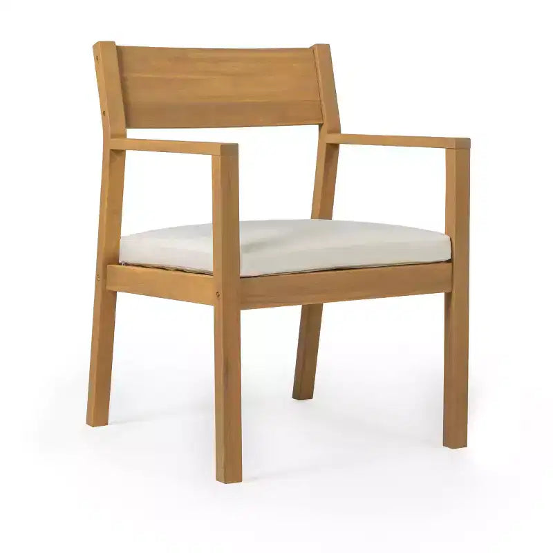 Set da pranzo da giardino Polibi a 6 posti in acacia con tavolo con foro per ombrellone, panca imbottita e 4 poltrone