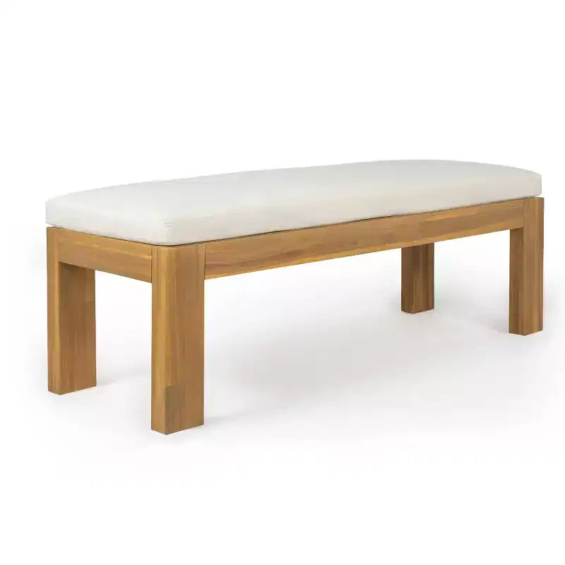 Set da pranzo da giardino Polibi a 6 posti in acacia con tavolo con foro per ombrellone, panca imbottita e 4 poltrone