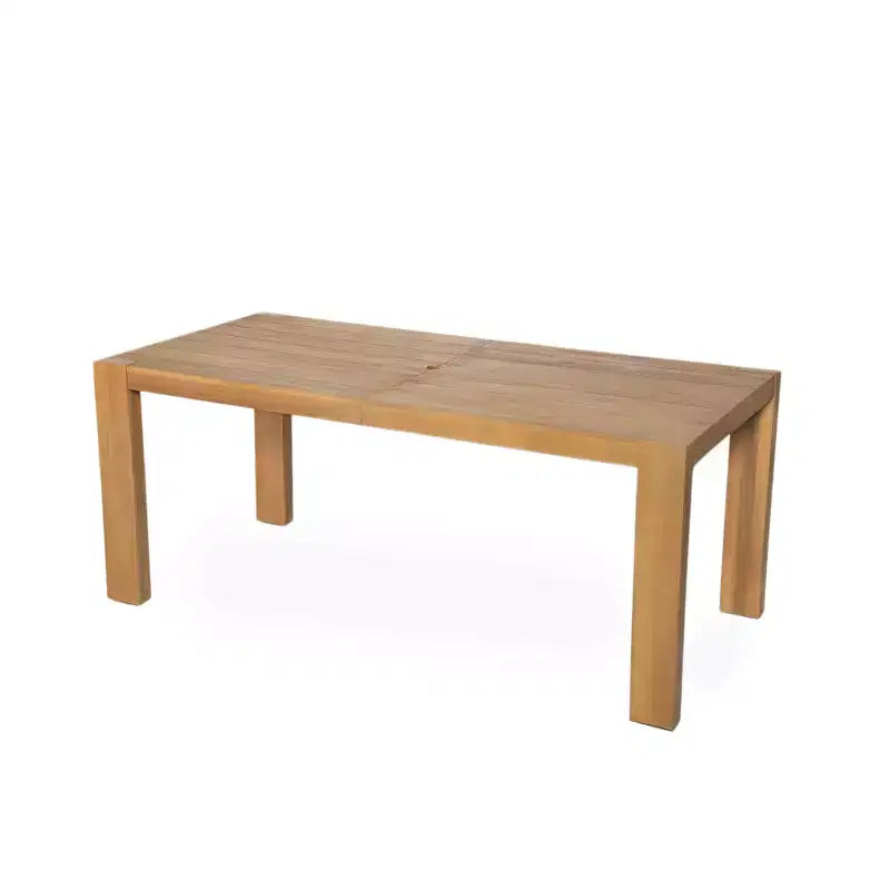 Set da pranzo da giardino Polibi a 6 posti in acacia con tavolo con foro per ombrellone, panca imbottita e 4 poltrone