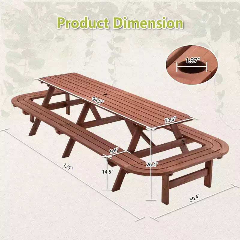 Set Tavolo da Picnic Esterno in Legno Martin GDFStudio con Panche Allungate e Foro per Ombrellone