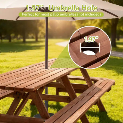Set Tavolo da Picnic Esterno in Legno Martin GDFStudio con Panche Allungate e Foro per Ombrellone