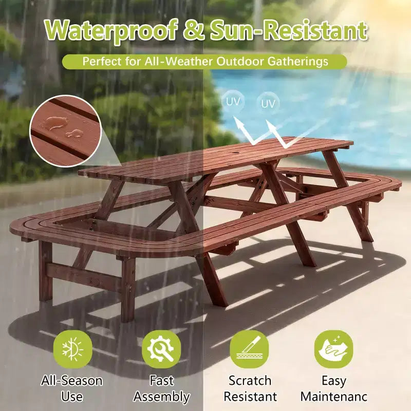 Set Tavolo da Picnic Esterno in Legno Martin GDFStudio con Panche Allungate e Foro per Ombrellone