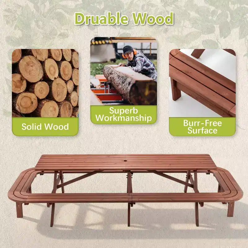 Set Tavolo da Picnic Esterno in Legno Martin GDFStudio con Panche Allungate e Foro per Ombrellone