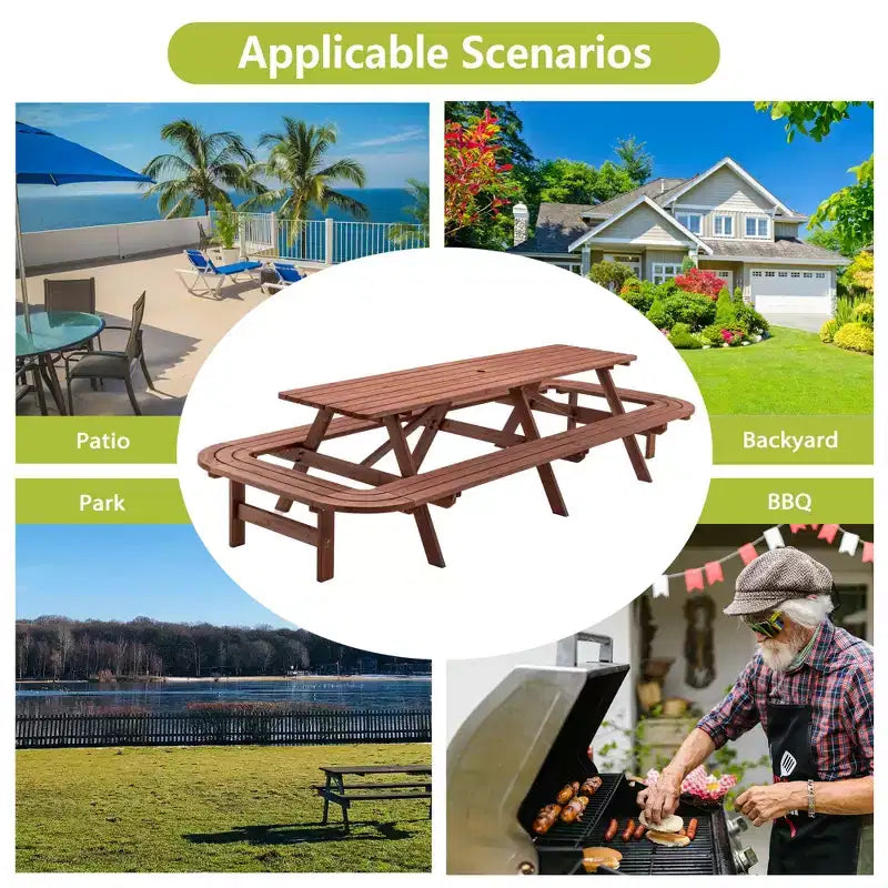 Set Tavolo da Picnic Esterno in Legno Martin GDFStudio con Panche Allungate e Foro per Ombrellone