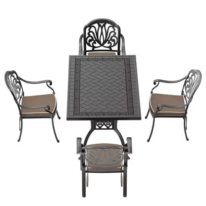 Set da pranzo da 5 pezzi rettangolare in alluminio fuso per patio, per esterni, giardino, terrazza, bordo piscina con cuscini