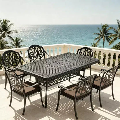 Set da pranzo da 5 pezzi rettangolare in alluminio fuso per patio, per esterni, giardino, terrazza, bordo piscina con cuscini