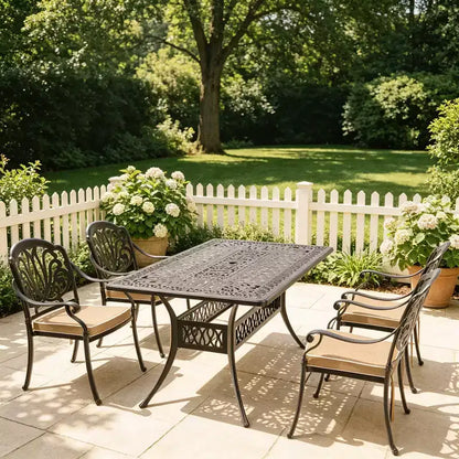 Set da pranzo da 5 pezzi rettangolare in alluminio fuso per patio, per esterni, giardino, terrazza, bordo piscina con cuscini