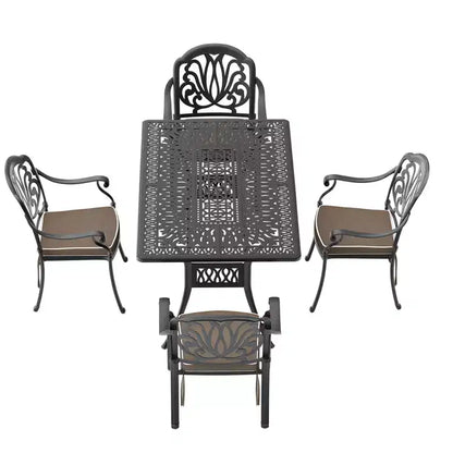 Set da pranzo da 5 pezzi rettangolare in alluminio fuso per patio, per esterni, giardino, terrazza, bordo piscina con cuscini