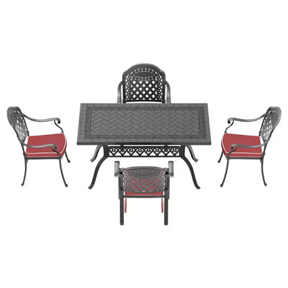 Set da pranzo da 5 pezzi rettangolare in alluminio fuso per patio, per esterni, giardino, terrazza, bordo piscina con cuscini