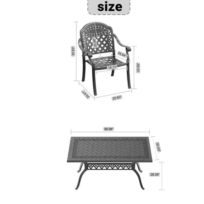 Set da pranzo da 5 pezzi rettangolare in alluminio fuso per patio, per esterni, giardino, terrazza, bordo piscina con cuscini