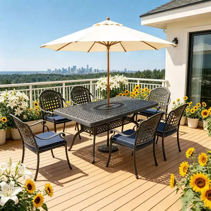 5-Piece Rectangular Cast Aluminum Patio Dining Set for Outdoor Backyard Garden Deck Poolside with Cushions