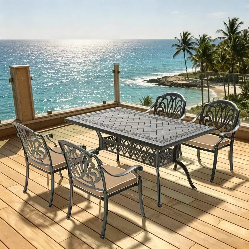 Set da pranzo da 5 pezzi rettangolare in alluminio fuso per patio, per esterni, giardino, terrazza, bordo piscina con cuscini