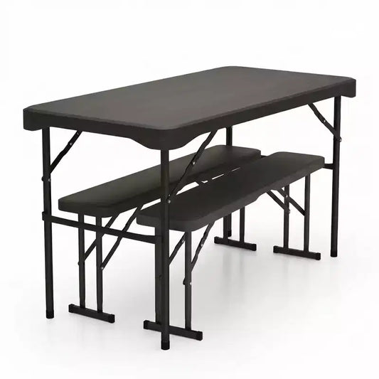 Gymax Folding Patio Picnic Table Set w/ 2 Benches & Metal Frame HDPE Surface for Camping & Backyard
