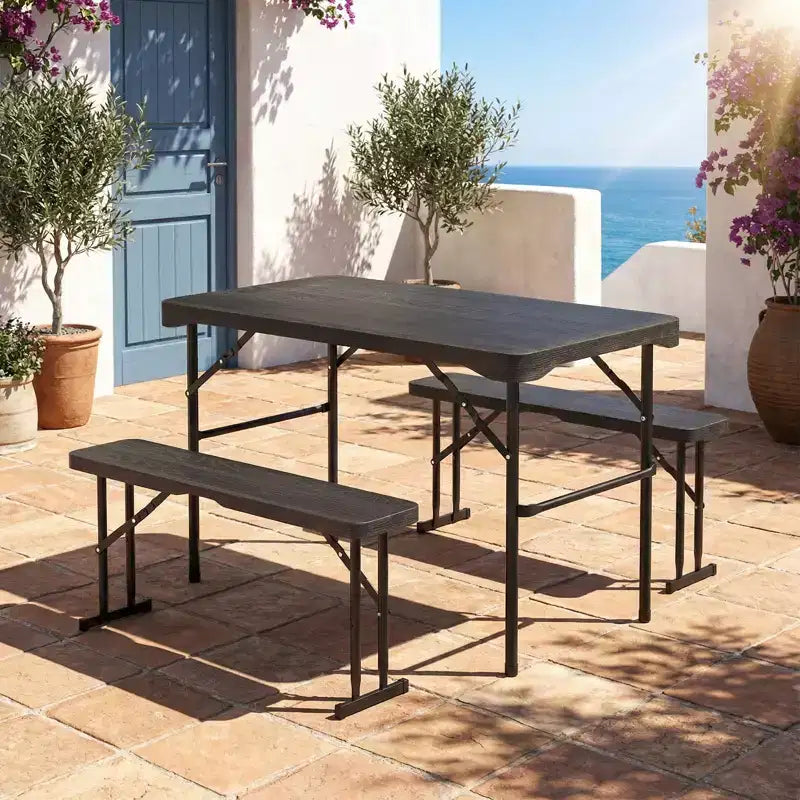 Set da tavolo da picnic pieghevole Gymax per patio con 2 panche e struttura in metallo, superficie in HDPE per campeggio e giardino