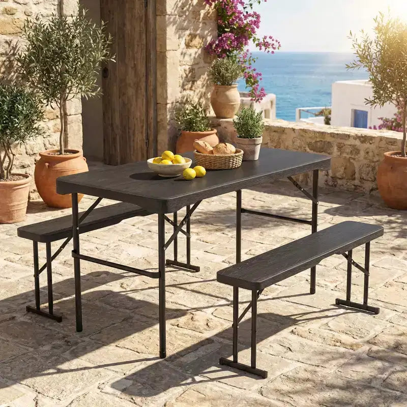Set da tavolo da picnic pieghevole Gymax per patio con 2 panche e struttura in metallo, superficie in HDPE per campeggio e giardino