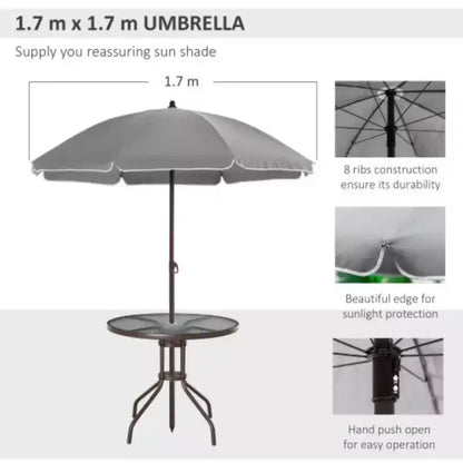 Set da pranzo da esterni da 6 pezzi per 4 persone con ombrellone/Set da esterni con 4 sedie da pranzo pieghevoli e tavolo rotondo in vetro per giardino, cortile e bordo piscina - Grigio