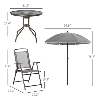 Set da pranzo da esterni da 6 pezzi per 4 persone con ombrellone/Set da esterni con 4 sedie da pranzo pieghevoli e tavolo rotondo in vetro per giardino, cortile e bordo piscina - Grigio
