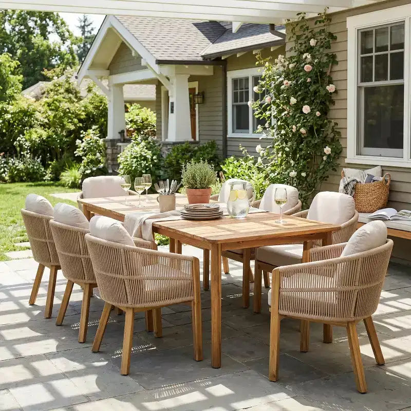 Christopher Knight Home Visola, set da pranzo 9 pezzi in corda e legno di acacia in stile bohémien, con tavolo a doghe e cuscini