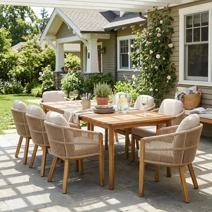Christopher Knight Home Visola, set da pranzo 9 pezzi in corda e legno di acacia in stile bohémien, con tavolo a doghe e cuscini