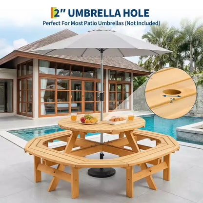 Table de pique-nique ronde en bois pour 8 personnes, table de salle à manger de camping d'extérieur avec bancs intégrés et trou pour parasol, ensemble de table d'extérieur pour jardin, arrière-cour, patio.