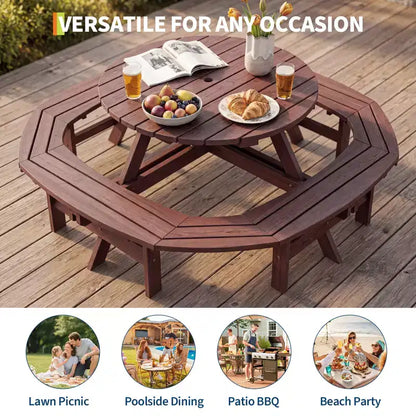 Table de pique-nique ronde en bois pour 8 personnes, table de salle à manger de camping d'extérieur avec bancs intégrés et trou pour parasol, ensemble de table d'extérieur pour jardin, arrière-cour, patio.