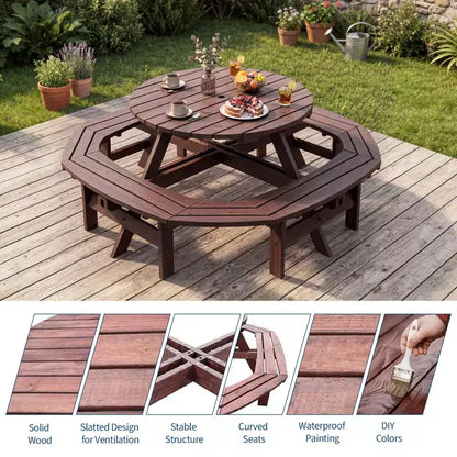 Table de pique-nique ronde en bois pour 8 personnes, table de salle à manger de camping d'extérieur avec bancs intégrés et trou pour parasol, ensemble de table d'extérieur pour jardin, arrière-cour, patio.