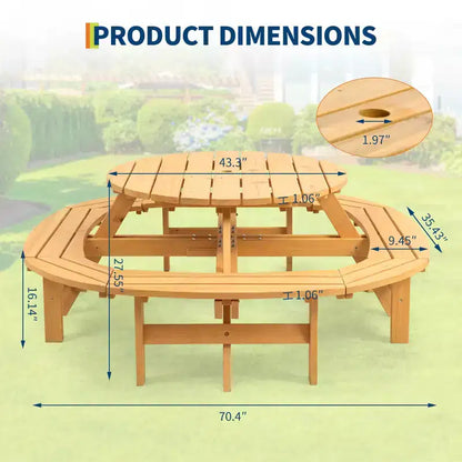 Table de pique-nique ronde en bois pour 8 personnes, table de salle à manger de camping d'extérieur avec bancs intégrés et trou pour parasol, ensemble de table d'extérieur pour jardin, arrière-cour, patio.