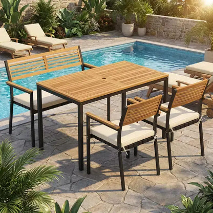 Gymax Set Mobili da Giardino 4 Pezzi con Tavolo in Legno di Acacia e Foro per Ombrellone 2 Sedie Impilabili Panca Comodi Cuscini