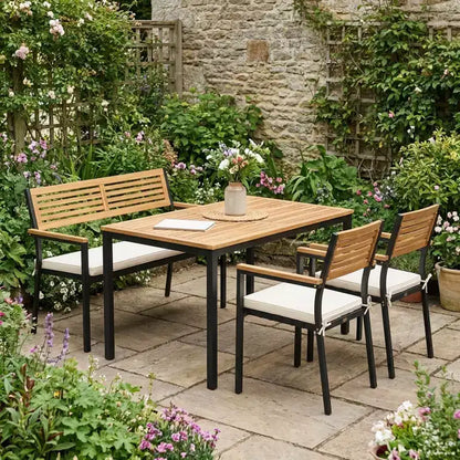 Gymax Set Mobili da Giardino 4 Pezzi con Tavolo in Legno di Acacia e Foro per Ombrellone 2 Sedie Impilabili Panca Comodi Cuscini