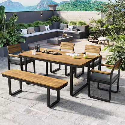GDFStudio Elvira Patio, set da pranzo moderno da 6 pezzi in legno di acacia con tavolo, 4 sedie imbottite e panca