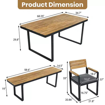 GDFStudio Elvira Patio, set da pranzo moderno da 6 pezzi in legno di acacia con tavolo, 4 sedie imbottite e panca