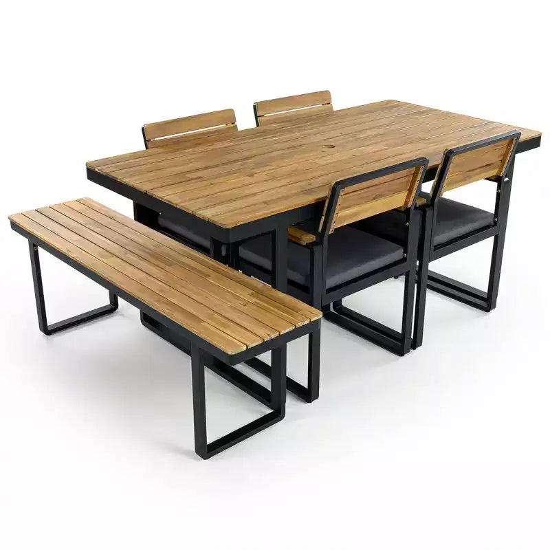 GDFStudio Elvira Patio, set da pranzo moderno da 6 pezzi in legno di acacia con tavolo, 4 sedie imbottite e panca