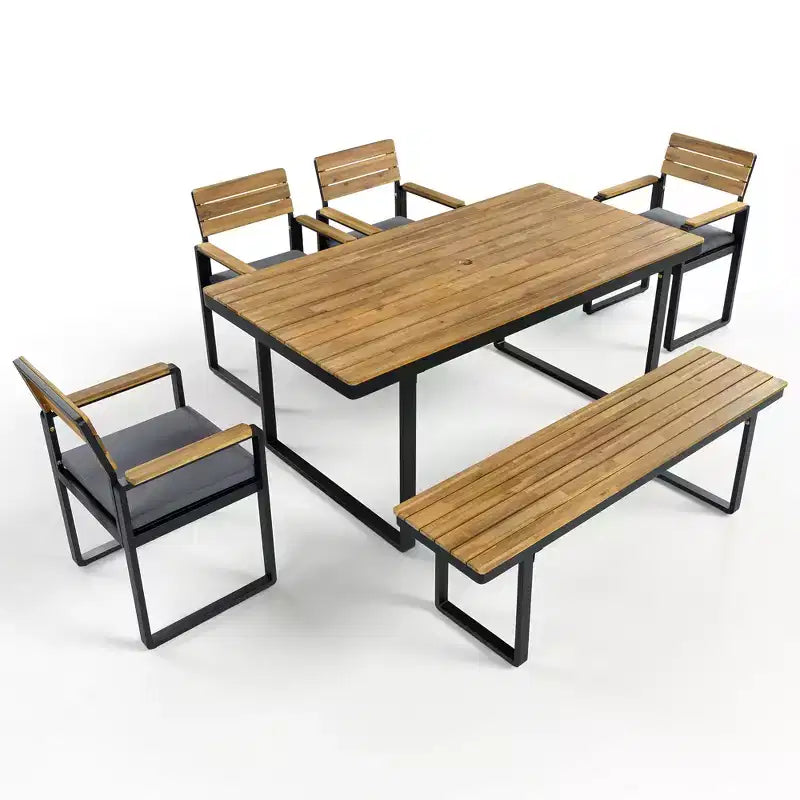 GDFStudio Elvira Patio, set da pranzo moderno da 6 pezzi in legno di acacia con tavolo, 4 sedie imbottite e panca
