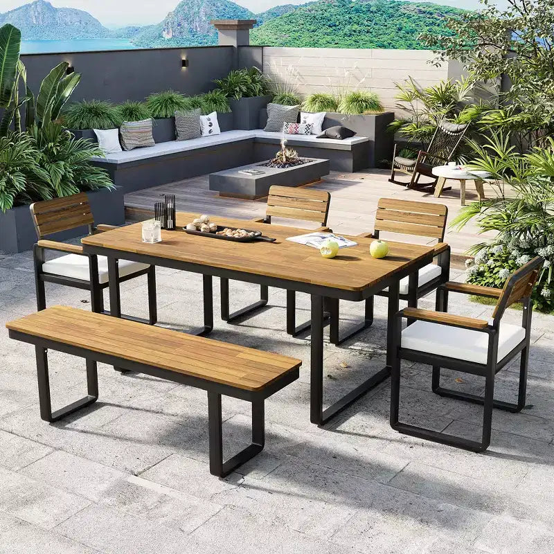 GDFStudio Elvira Patio, set da pranzo moderno da 6 pezzi in legno di acacia con tavolo, 4 sedie imbottite e panca